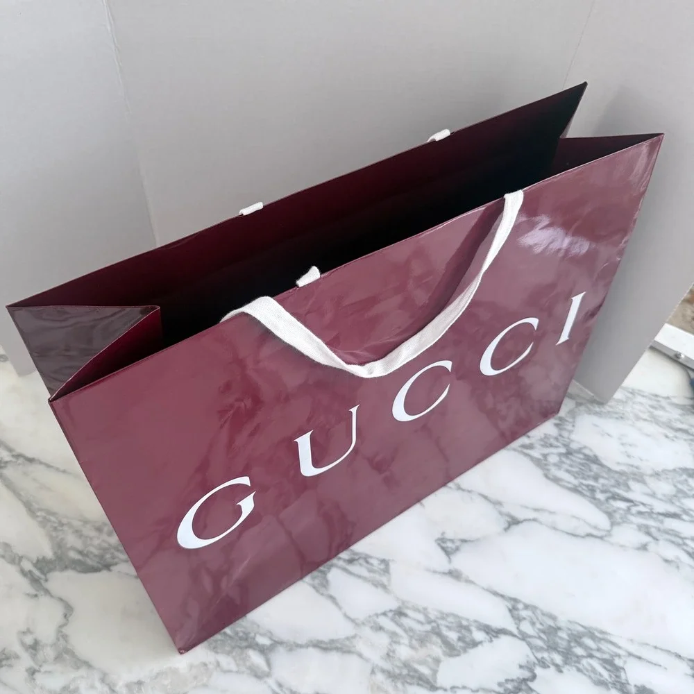 Gucci Large Glossy Burgundy Shopping Bag White Logo Rope Handles 23x17x7.5